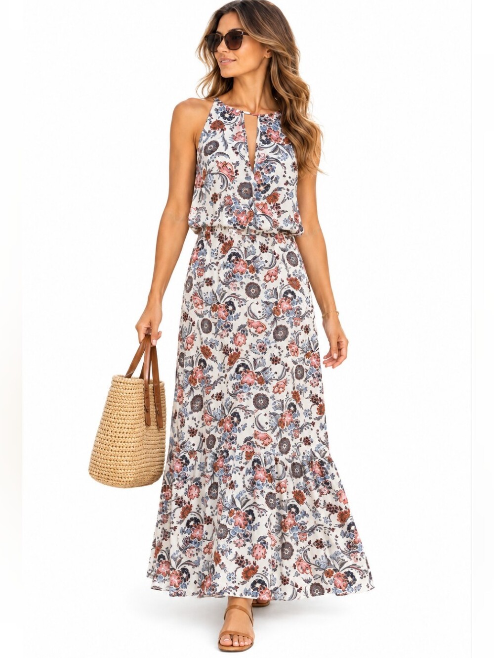 American Eagle Dress Floral Boho Cottagecore Maxi Tassel Tie Strap Cream Size L